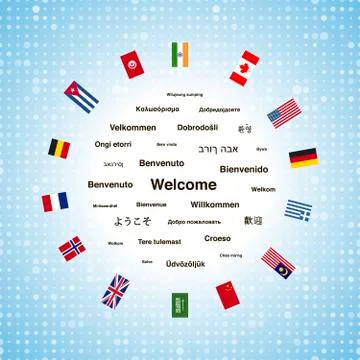 Black welcome phrases in different languages of the world and countries flags Illustrazione stock