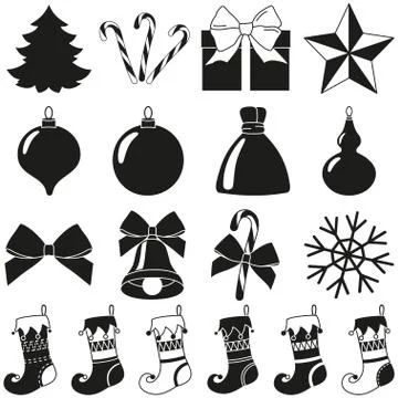 Black white 18 christmas elements silhouette set Stock Illustration