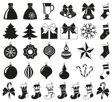 Black white 32 christmas elements silhouette set Stock Illustration