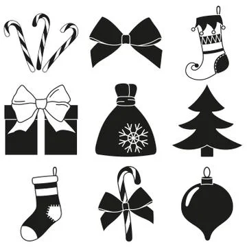 Black white 9 christmas elements silhouette set Stock Illustration