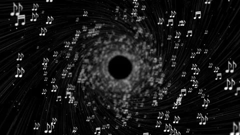 Black white audio spiral visual musical notes flowing into a dark vortex and smo Stock Footage 340556323