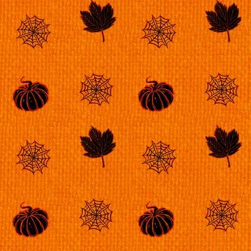 Black on white background seamless  pattern with leaves, pumpkins and cobweb Stock Illustration