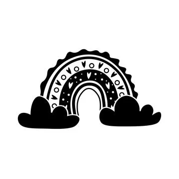 Black white boho rainbow in hand drawn style, with hearts and clouds Stock Illustration