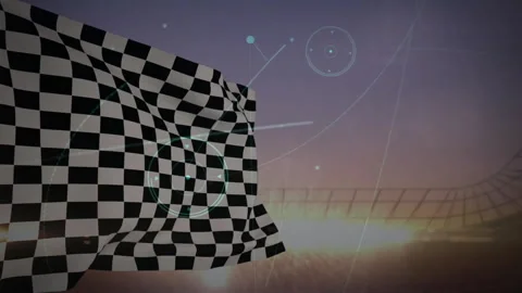 Black white checkered flag rippling in abstract 3D render, with wireframe grid Stock Footage 307858010
