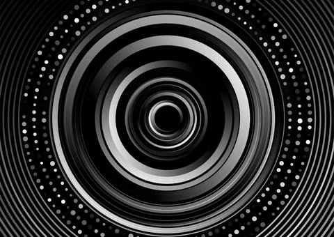 Black white circular lines and dotted lines abstract futuristic tech backgrou Illustrazione stock