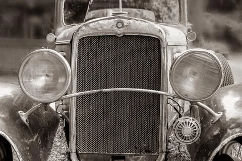 Black &amp; white close up of a rusty old truck Stock Photos