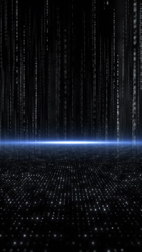 Black white digital rain background falling code columns, dotted ground perspect Stock Footage 340552930