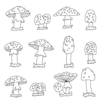 Black white doodle big set of amanita toadstool mushrooms. Cartoon outline Stock Illustration