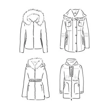 Black white down jacket. winter jacket vector sketch illustration Stock Illustration