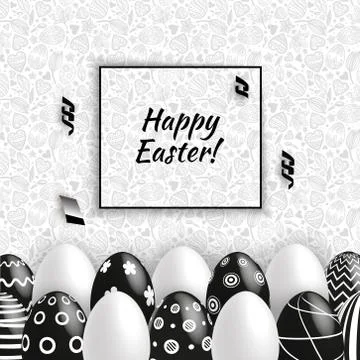 Black white Easter eggs on grey seamless pattern background. Vector set for Stock Illustration