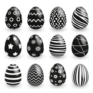 Black white Easter eggs on white background. Vector set for holiday Easter card Stock Illustration