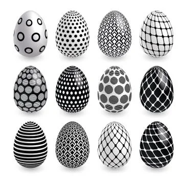 Black white Easter eggs wtth geometry patterns on white background. Vector set 스톡 일러스트