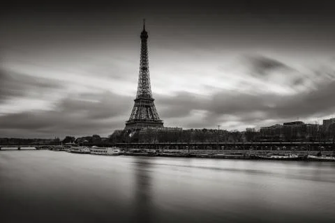 Black &amp; White Eiffel Tower and Seine River sunrise, Paris Stock Photos