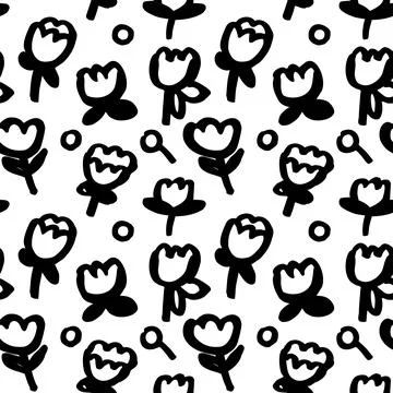 Black white flowers pattern with brush stroke minimalist Stock Illustration