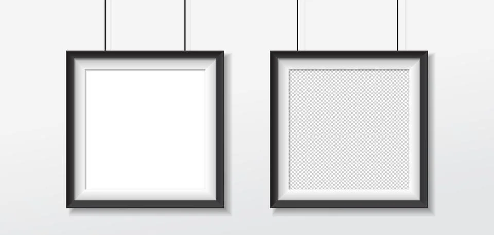 Black, white frames with soft shadow hanging on white room wall for text or Stock Illustration