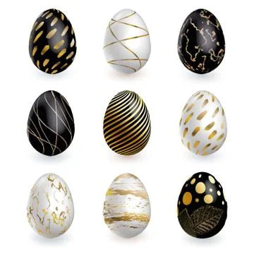 Black white gold Easter eggs on white background. Vector set for holiday Easter Stock Illustration