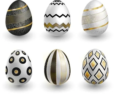 Black white gold Easter eggs with lace patterns on white background. Vector set Stock Illustration