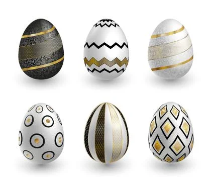 Black white gold Easter eggs with lace patterns on white background. Vector set Stock Illustration