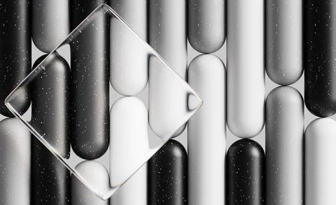Black white gray 3D background with liquid glass rhombus frame. Abstract Illustrazione stock