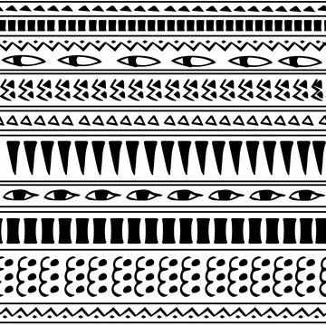 Black white hand drawn aztec ethnic seamless border pattern color Egyptian Stock Illustration