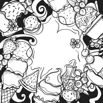 Black White Hand Drawn Ice Cream Doodle Frame Square Border Vector with Cop.. Stock-Illustration