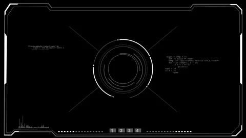 Black white HUD code interface circular scanner rings, thin border frame, small Video stock 333859222