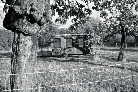 Black white landscape with wagon Stock Photos