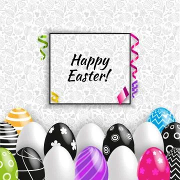 Black white multicolored Easter eggs on grey seamless pattern background. Vector Stock Illustration