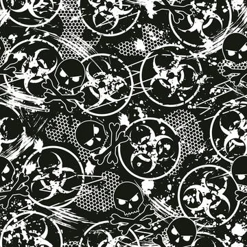 Black, white pattern with Biological hazard symbol Stock Illustration