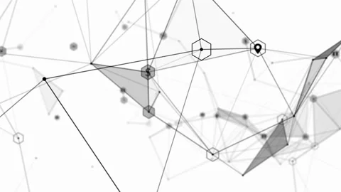 Black white plexus with dots, lines, triangles, HUD elements. Abstract Stock Footage 238734035