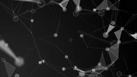 Black white plexus with dots, lines, triangles, HUD elements. Abstract Stock Footage 239324704