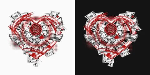 Black, white, red composition with bundle of cash money in heart shaped frame Stock Illustration