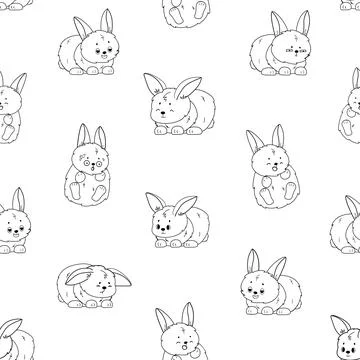Black white Repeat seamless pattern of rabbits with different emotions for co Stock Illustration