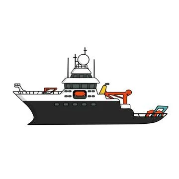 Black white research vessel, vector hand drawn isolated illustration, deep sea Stock Illustration
