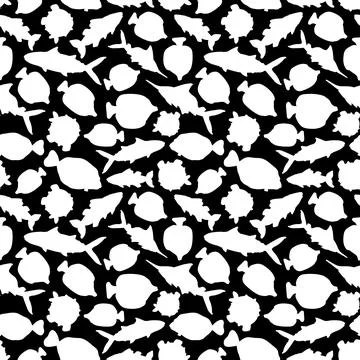 Black white Seamless animal Doodle pattern. Set of isolated outline cartoon v Stock Illustration