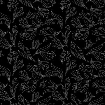 Black white Seamless floral pattern with tulips. Vector illustration. Stock Illustration