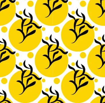 Black white seamless leaves pattern on yellow circles and white background. Stock Illustration