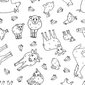 Black white Seamless pattern of cute doodle outline vector cartoon animals at Stock Illustration