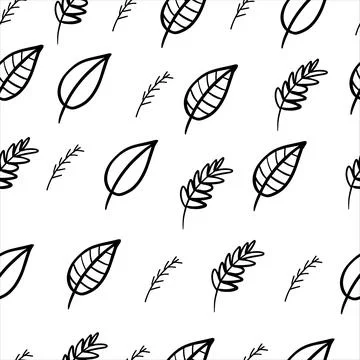 Black-white seamless pattern. Different hand drawn leaves. Illustrazione stock