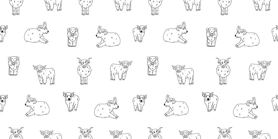 Black white seamless pattern of hand drawn small and big highland cows or bul Stock Illustration