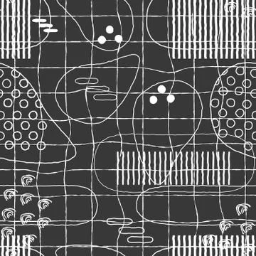 Black white seamless pattern of lines, dots, abstract figures Stock Illustration