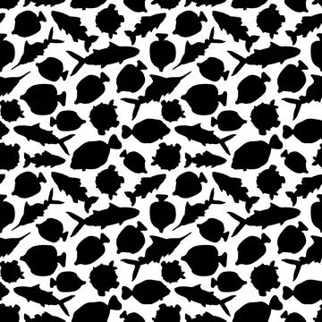 Black white Seamless pattern. Set of isolated outline cartoon vector fish ani Stock Illustration