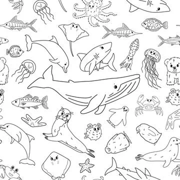 Black white seamless vector pattern of cartoon outline isolated sea ocean ani Stock Illustration