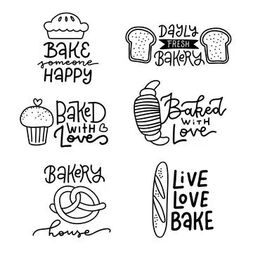 Black on white set of bakery hand lettering logos, badges. Typography design Stock Illustration