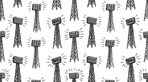 Black white stadium light towers repeating pattern artwork set Stock Illustration