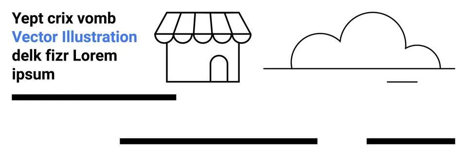 Black White Storefront Outline with Sample Text and Cloud Design Stock Illustration