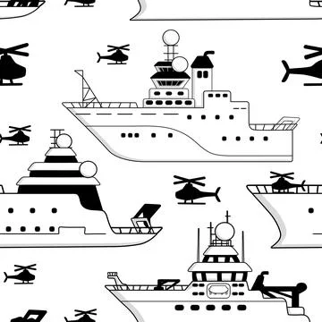 Black white vector hand drawn seamless pattern of research vessels. Each vessel Stock Illustration