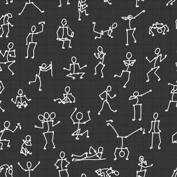Black white vector seamless pattern with people bodies in different poses on Stock Illustration