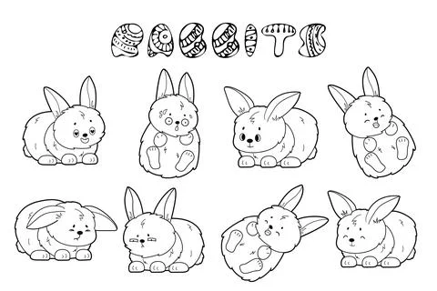 Black white vector Set of doodle outline rabbits with different emotions. Hap Stock Illustration