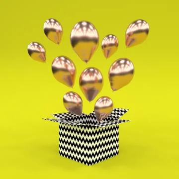 Black white zigzag gift box open golden metallic balloon floating yellow back Stock Illustration